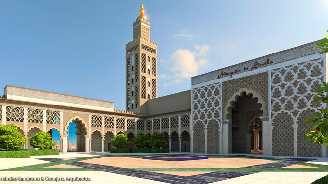 Recreación del proyecto de la Comunidad Islámica Mezquita Ishbilia en la que se observa el patio de abluciones.