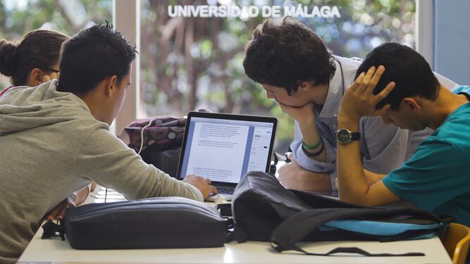 Estudiantes, en el área de trabajo en común de la Facultad de Económicas.