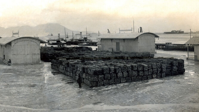 Almacenamiento de corcho al aire libre en el muelle de la Galera preparado para ser embarcado (1920).