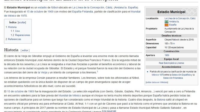 Captura de Wikipedia, en la que se lee que a comienzos de 2017 el Municipal pasó a llamarse Alfredo Gallardo.