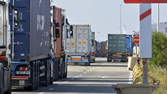 Una hilera de camiones espera su turno para acceder a TTI Algeciras, ayer.