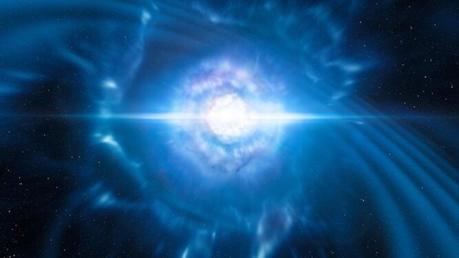 Imagen virtual de una explosión de 'kilonova' causada por la colisión de dos estrellas de neutrones