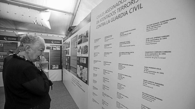 Una mujer lee emocionada uno de los paneles de la muestra itinerante durante su instalación en Málaga en 2015.