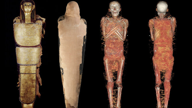 La momia de Nespamedu y el cuerpo de su interior.