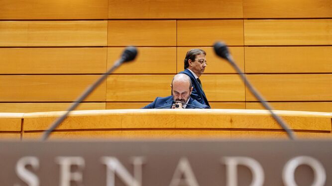 El presidente del Senado, Pedro Rollán, y el secretario de Política Autonómica del PSOE y vicepresidente segundo del Senado, Guillermo Fernández Vara.