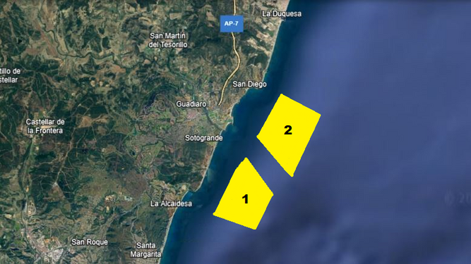 Delimitación aproximada de las dos zonas de fondeo planteadas por Marina Mercante.