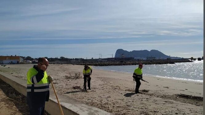 Varios trabajadores limpian una playa en San Roque.