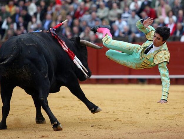 El torero por los aires tras ser cogido por el toro.

Foto: Juan Carlos Mu&ntilde;oz