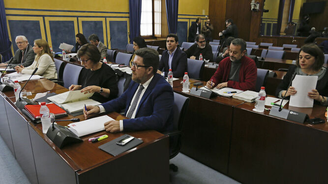 Los parlamentarios que forman parte de la comisión de investigación de los cursos de formación, durante una de las comparecencias.