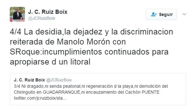 Dos de los 'tweets' del alcalde de San Roque en réplica a Manuel Morón.