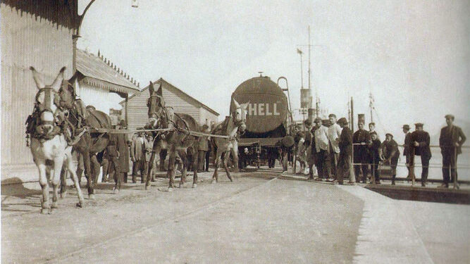Un vagón con un depósito de combustible de Shell tirado por una reata de mulos en el muelle de la Galera en 1925.