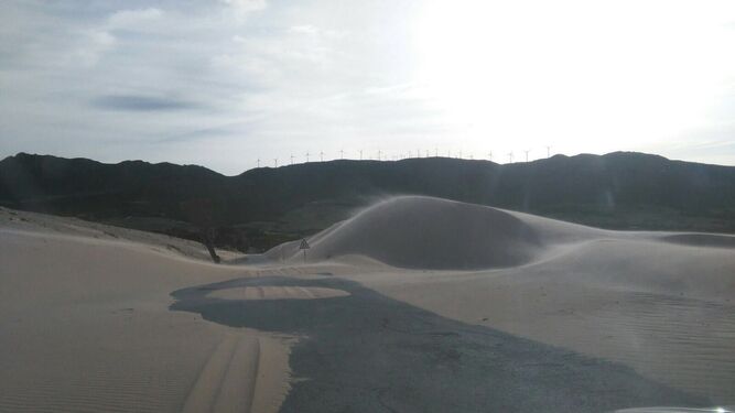 La carretera A-2325, con montañas de arena, ayer por la mañana.