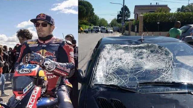 Nicky Hayden a la izquierda, y el estado del coche tras el choque.