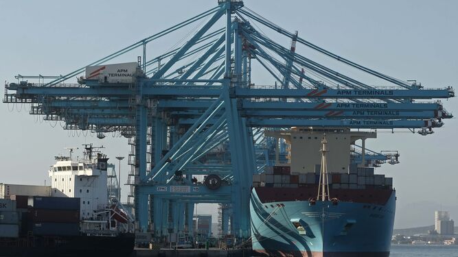 Un buque de Maersk Line se somete a labores de estiba y desestiba en el muelle Juan Carlos I del puerto de Algeciras.