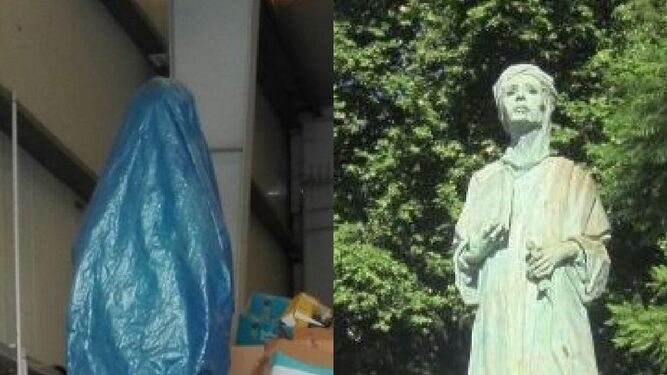 Foto denuncia del PSOE con la estatua de Almanzor en su antigua ubicación y cómo está en la nave de Emalgesa.