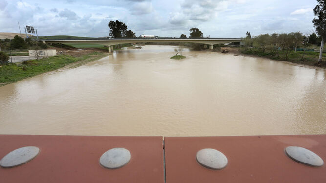 El río Guadalete discurre caudaloso bajo el puente de la autopista AP-4.