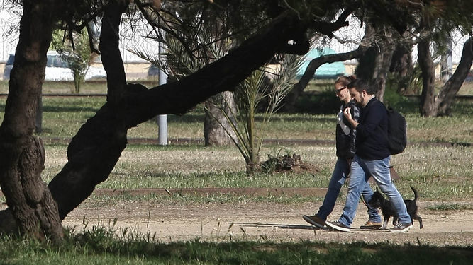 Dos jóvenes pasean on un perrro por el paque Pricesa Sofía.