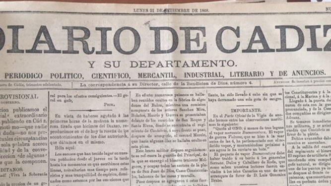 Diario de Cádiz de 21 de junio de 1868 dando cuenta de lo sucedido en la ciudad durante los días anteriores.