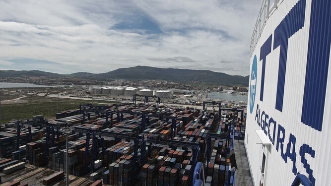 El patio de contenedores de TTI Algeciras, visto desde una grúa de la terminal.