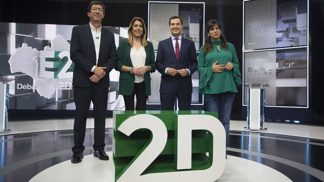 Juan Marín, Susana Díaz, Juanma Moreno y Teresa Rodríguez, antes de comenzar el debate.