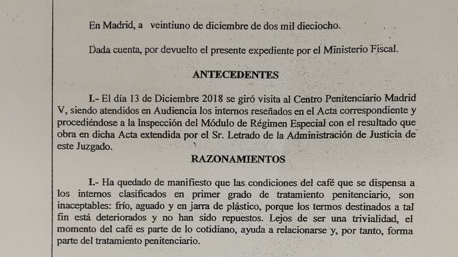 El auto de la juez de Vigilancia Penitenciaria sobre cómo se sirve el café en Madrid V.