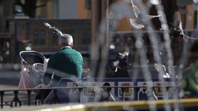 Un hombre de edad avanzada cuida a un bebé en la Plaza Alta de Algeciras.