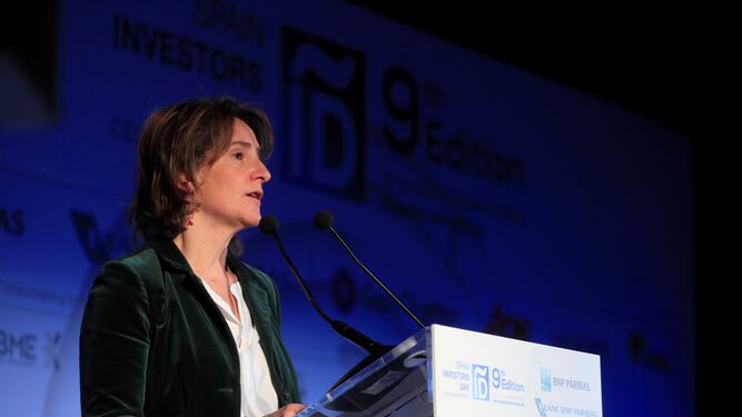 La ministra para la Transición Ecológica, Teresa Ribera, en la inauguración del Foro Financiero Internacional ‘Spain Investors Day’.
