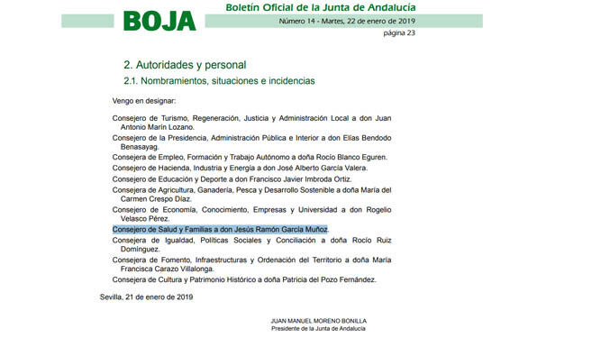 La publicación en el Boja que confunde el nombre del consejero de Salud.