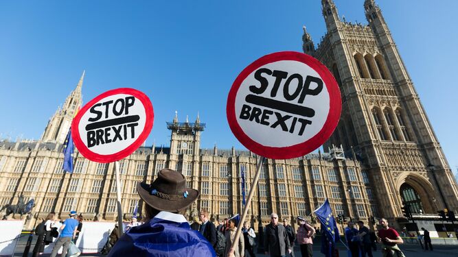 Un hombre se manifiesta contra el Brexit durante una protesta en el exterior del Parlamento británico