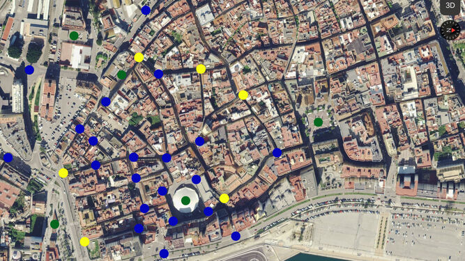Ubicación prevista de las cámaras. En azul, de uso polivalente; en verde, para recintos municipales y en amarillo, para el acceso a calles peatonales.