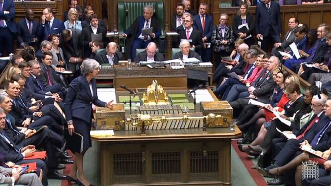 Theresa May, ante los Comunes, en la sesión de control de hoy miércoles.
