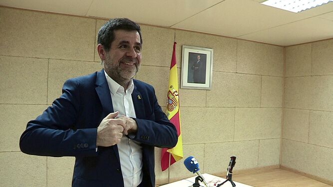 Jordi Sànchez, tras dar una rueda de prensa telemática desde la cárcel el 18 de abril.