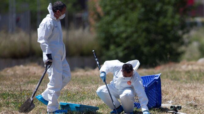 Técnicos de la policía científica buscan pruebas en el solar de El Prat sonde apareció el cuerpo de Janet Jumillas.