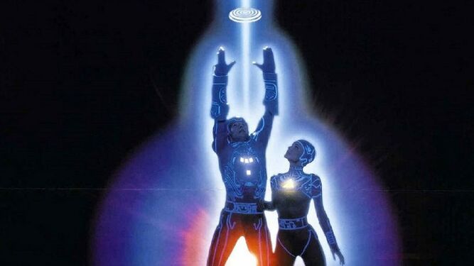 Detalle del cartel de la película de culto de ciencia ficción 'Tron'.