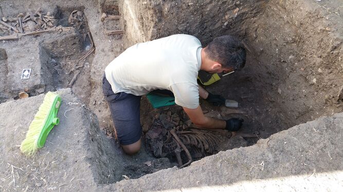 Un integrante del equipo de investigadores limpia parte de los huesos encontrados en Jimena.