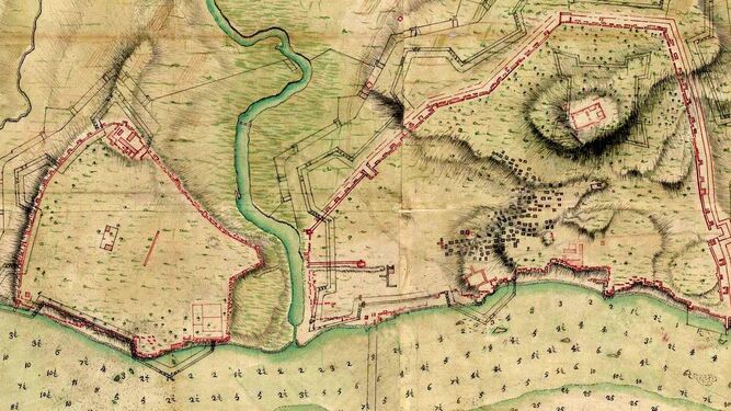 Plano levantado en 1726. Obsérvese el recinto defensivo de la Algeciras medieval. (Archivo General de Simancas, M.P. y D. XXII-79).