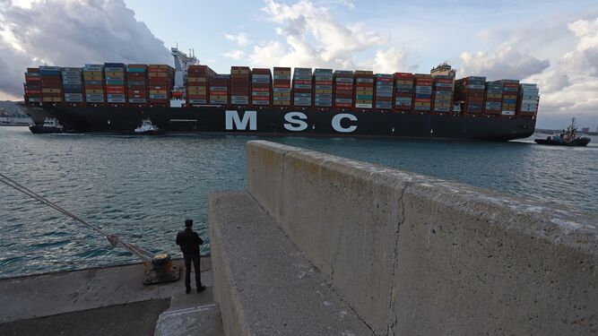El 'MSC Arina' realiza las maniobras de atraque en el Puerto de Algeciras.