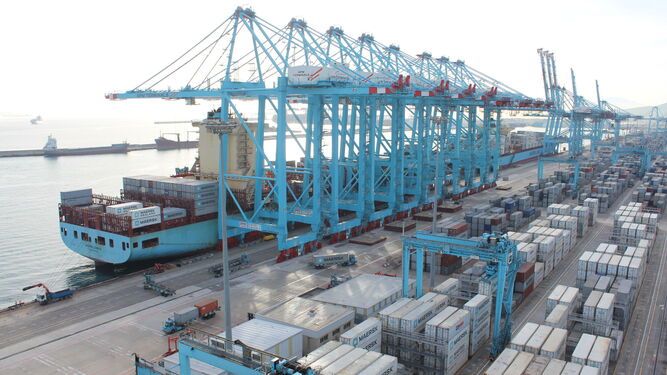 Labores de estiba portuaria sobre el megabuque Maersk  Labrea en el muelle Juan Carlos I del puerto de Algeciras.