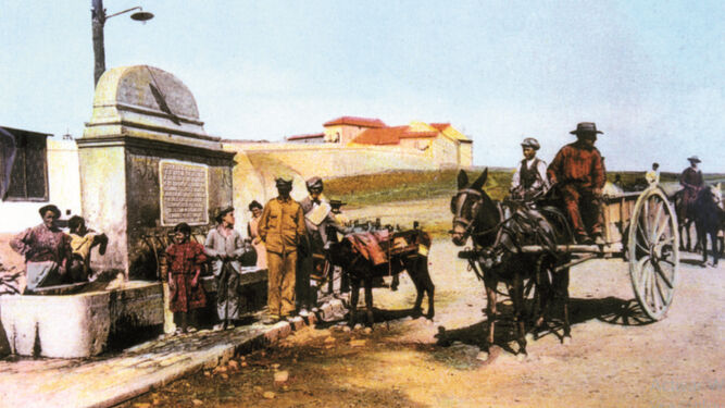 La fuente del Tejarillo, luego denominada Fuente Nueva, en 1906. Véanse los seis caños, dos pilones para abrevadero del ganado y la lápida conmemorativa de la erección de la misma.