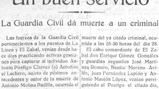 Noticia publicada el 30 de abril de 1921 en el ‘Diario de la Mañana’, editado en La Línea
