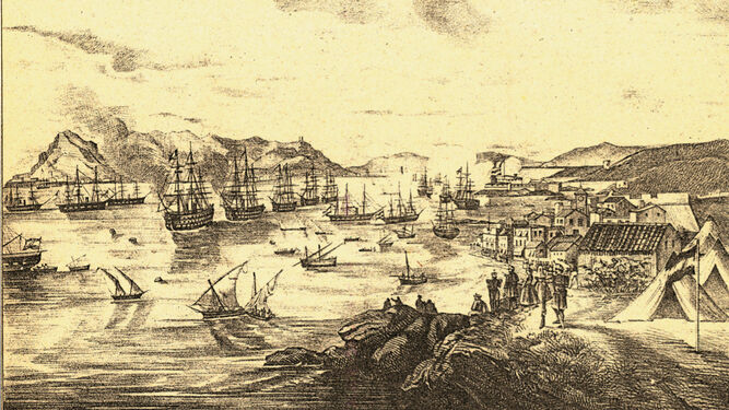 Litografía de la ciudad y el puerto de Algeciras realizada en 1859. Representa el embarque de tropas para la Guerra de Marruecos. (Litografía Hispana, Madrid).
