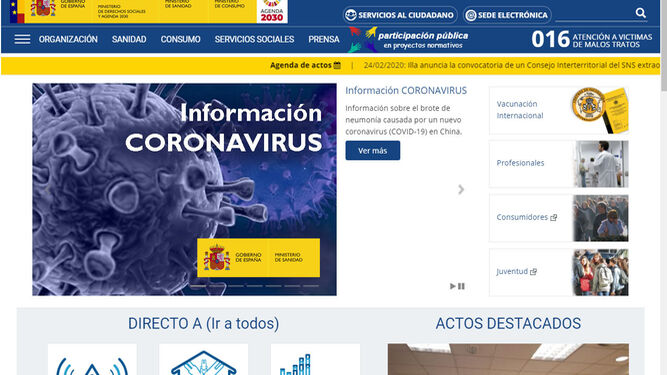 Portada de la web del Ministerio de Sanidad con amplia información sobre el coronavirus