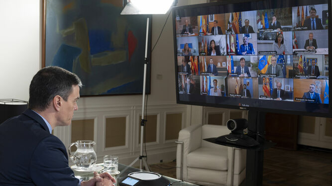 Pedro Sánchez, durante la videoconferencia con los líderes autonómicos.