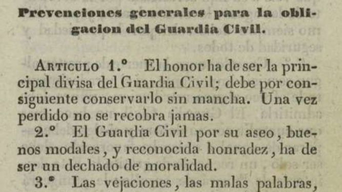 Primeros artículos de la Cartilla del Guardia Civil aprobada el 20 de diciembre de 1845.