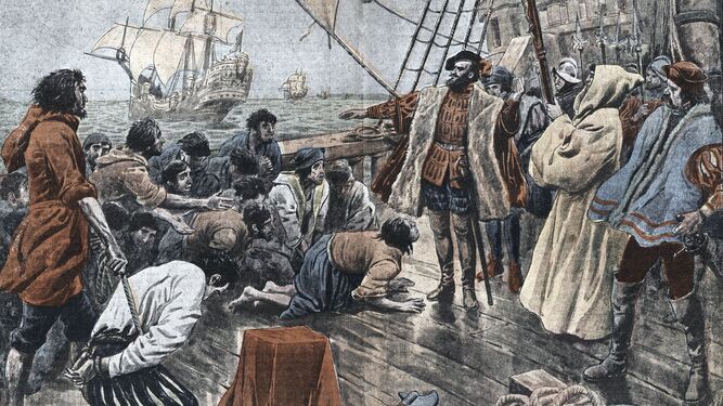 Este dibujo simboliza el momento en el que Fernando de Magallanes da por desactivado el motín  que buscaba apartarle como mando de la flota.