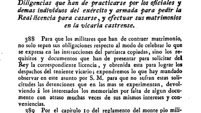 Detalle de la normativa eclesiástica para matrimonios de militares siglo XIX.