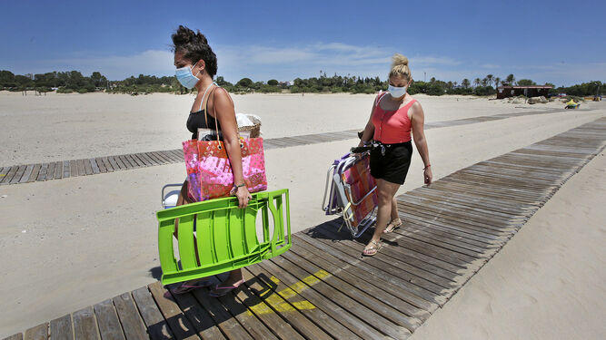 Unas jóvenes accediendo con mascarillas a una playa de El Puerto.