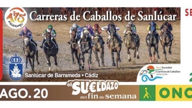 El cupón que la ONCE dedicará al 175 aniversario de las carreras de caballos de Sanlúcar el próximo 9 de agosto.