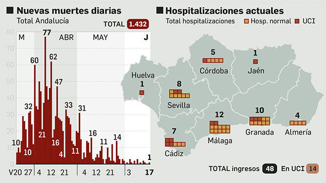 Mapa de hospitalizaciones en Andalucía.