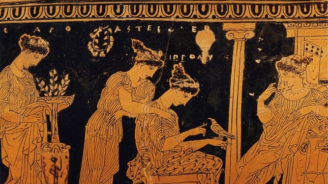 Escena de gineceo. Vaso griego de hacia el siglo V a. C.